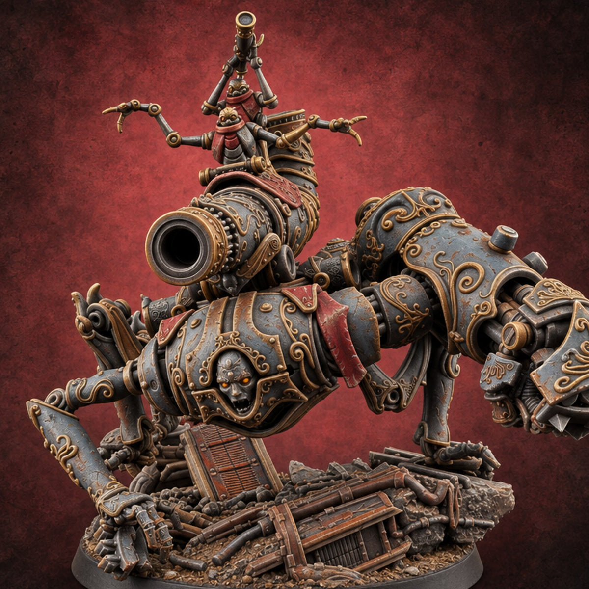Scrapyard Stomper Warforged Four-Legged Siege Automaton with Cannon, Horn Pipe and Spotter — painted concept preview (miniature supplied unpainted)