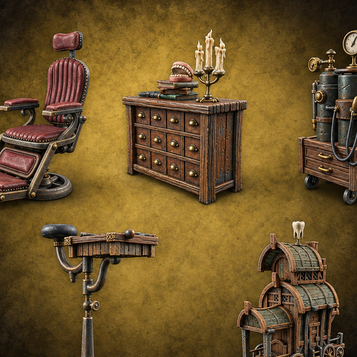 Next Patient, Please Wooden Dentist Office Terrain Set — painted concept preview (terrain supplied unpainted)