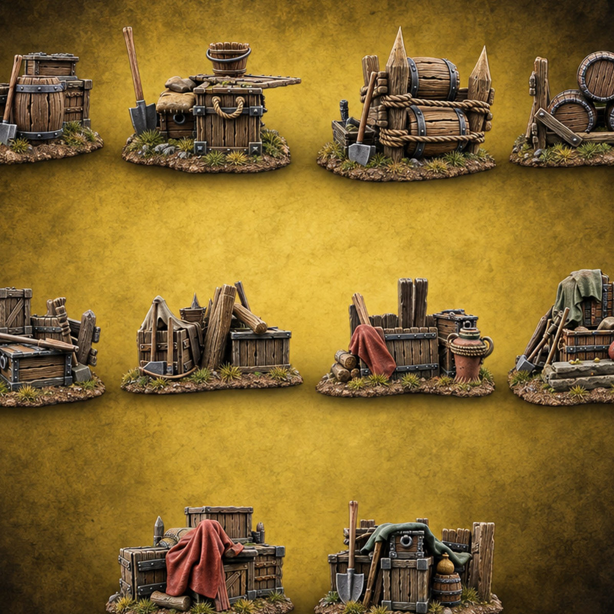 Barrel Roll Call Wooden Supply Scatter Terrain — painted concept preview (terrain supplied unpainted)