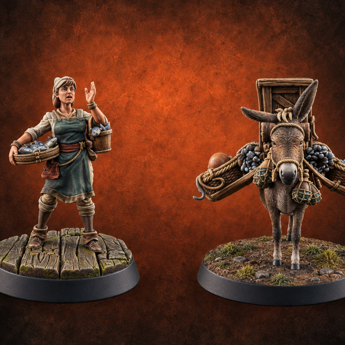 Fresh Catch Human Fish Vendor and Donkey — painted concept preview (miniature supplied unpainted)