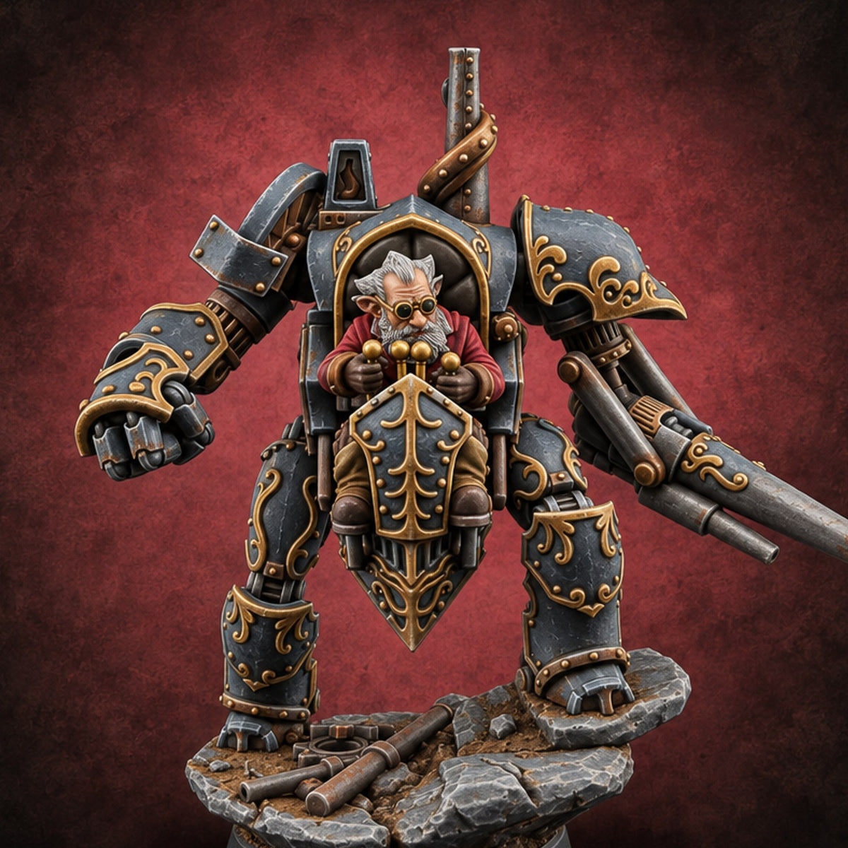 Short on Height, Long on Steel Gnome Tinker Piloting Steam-Powered Mech Suit with Twin-Barrel Cannon — painted concept preview (miniature supplied unpainted)