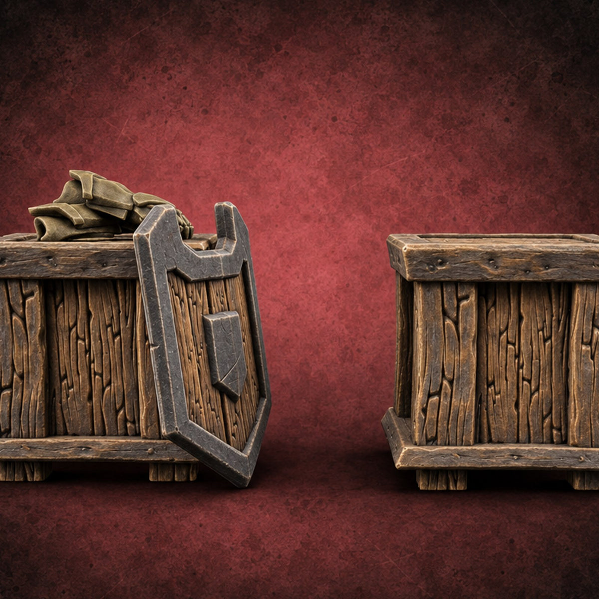 Shield Lid Left Ajar Wooden Storage Crates — painted concept preview (terrain supplied unpainted)