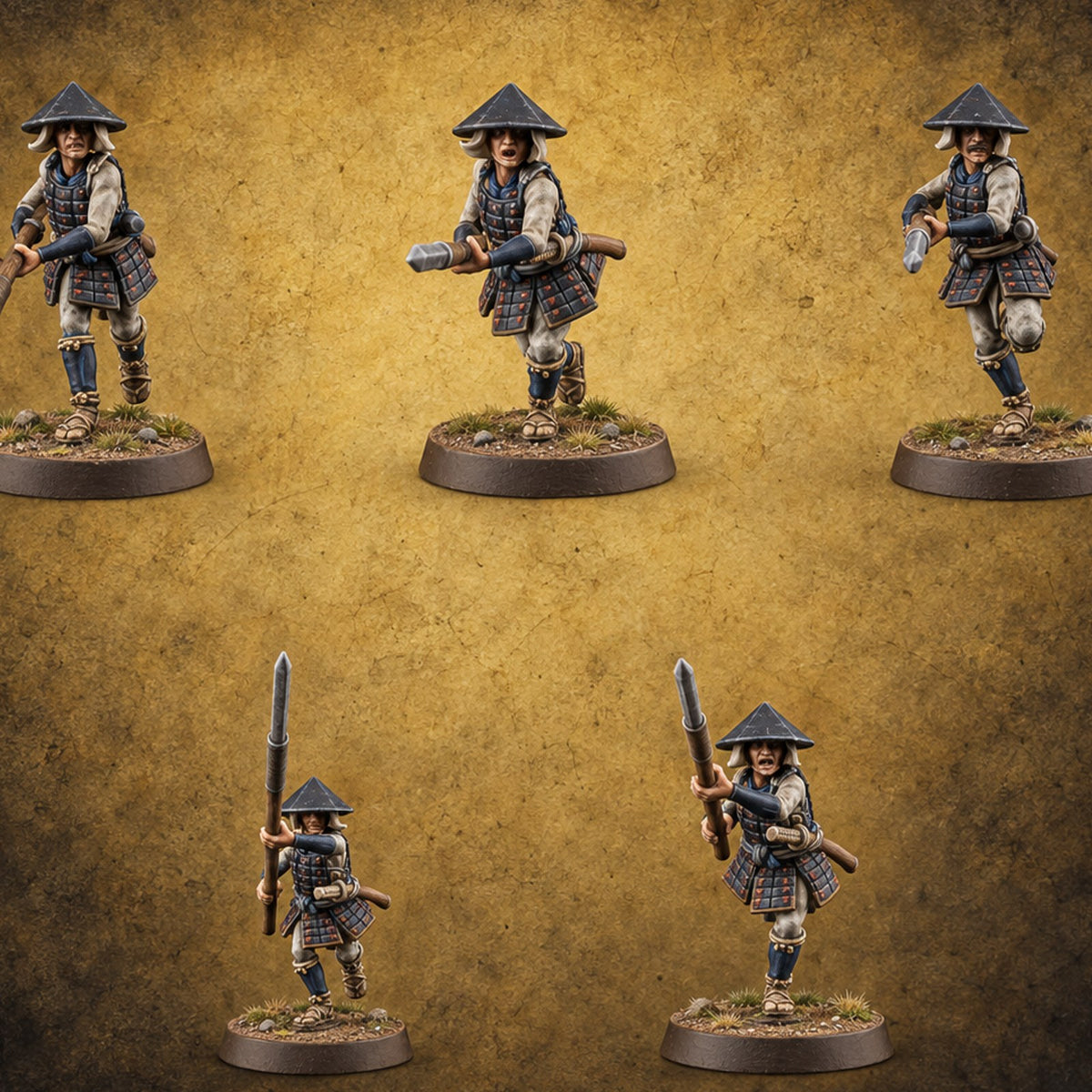 Charging Headlong Human Ashigaru Spearmen — painted concept preview (miniature supplied unpainted)