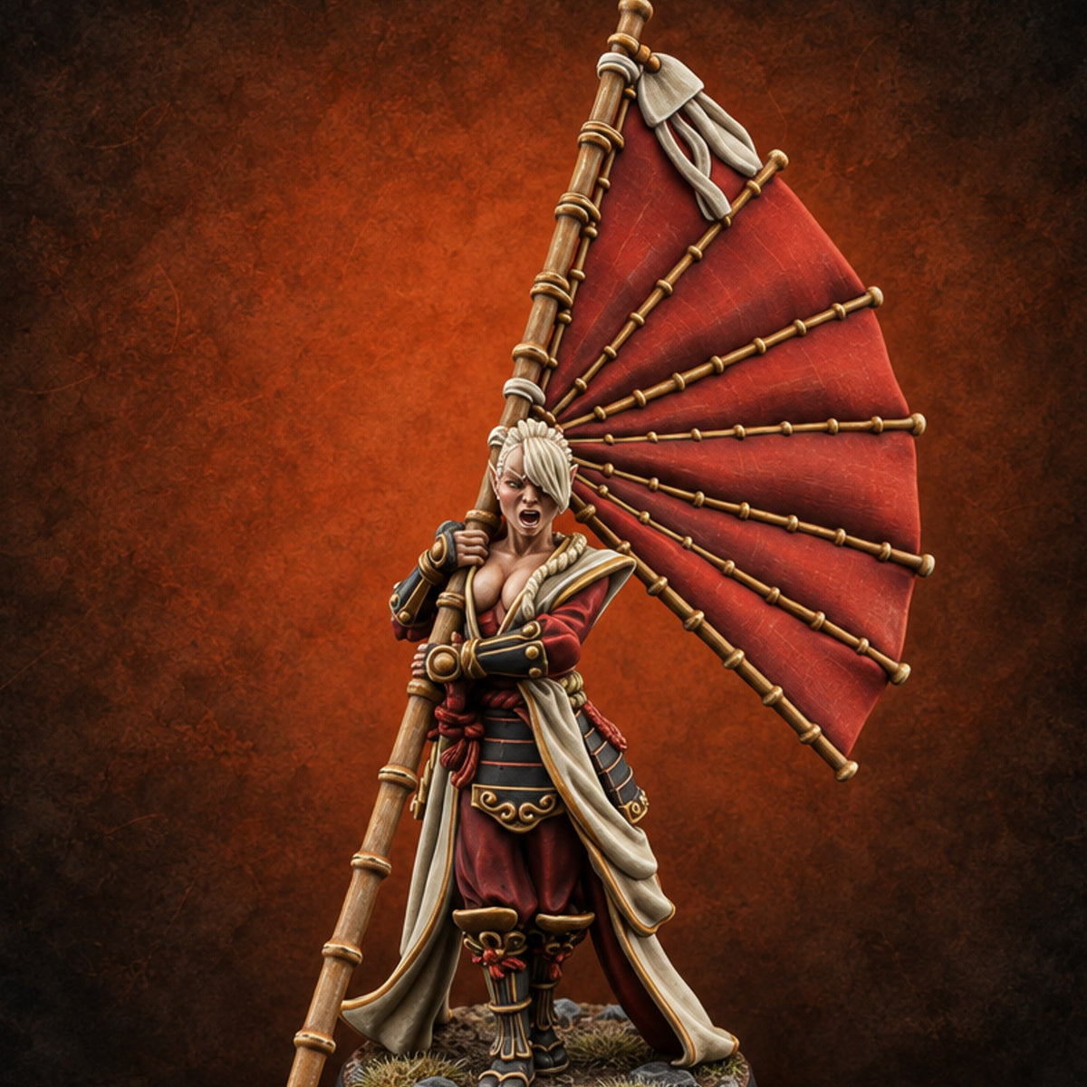 Shouting the Fan Skyward Elf Banner Bearer — painted concept preview (miniature supplied unpainted)