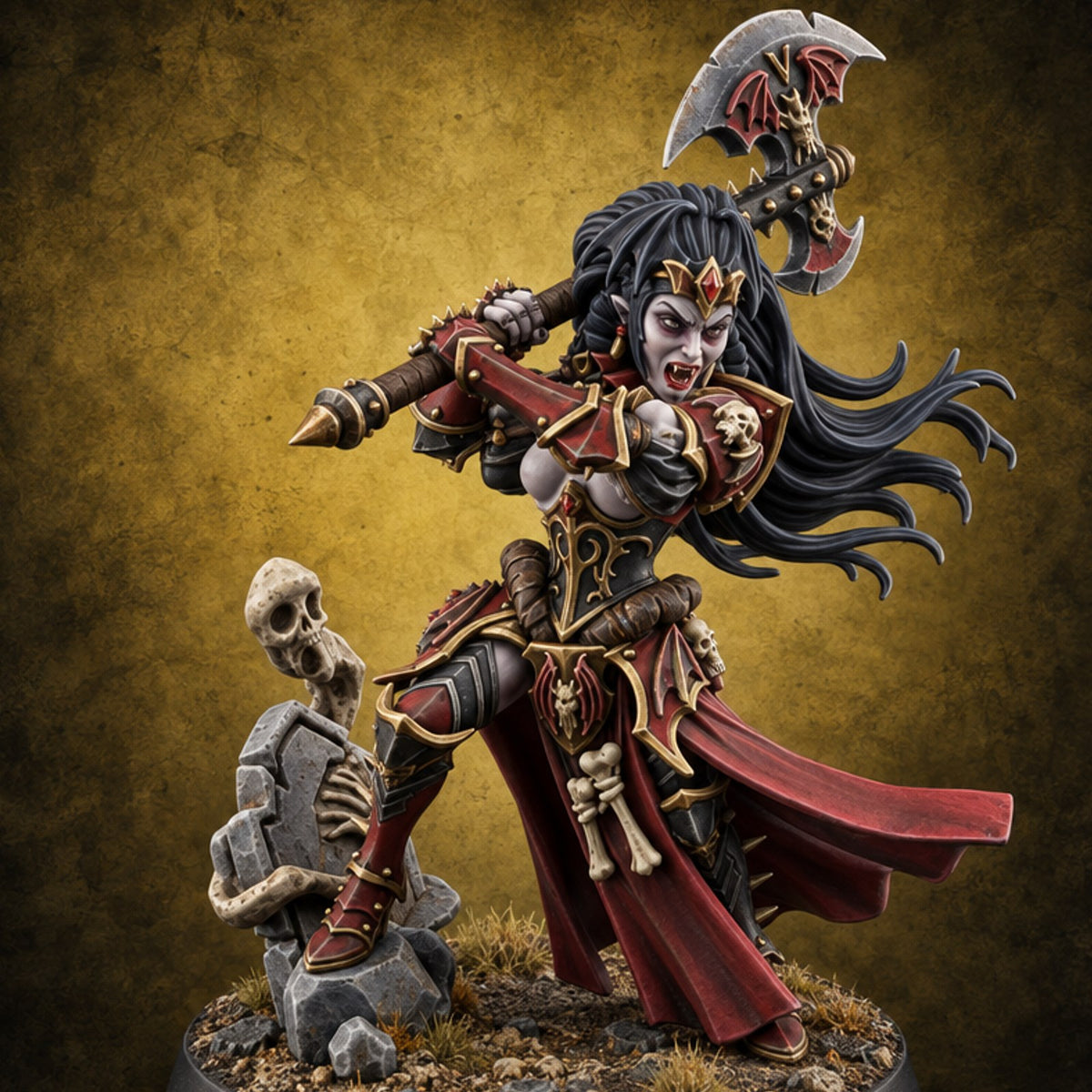 Fangs Out, Hair Flying Vampire Female Lord with Bat-Winged Axe — painted concept preview (miniature supplied unpainted)