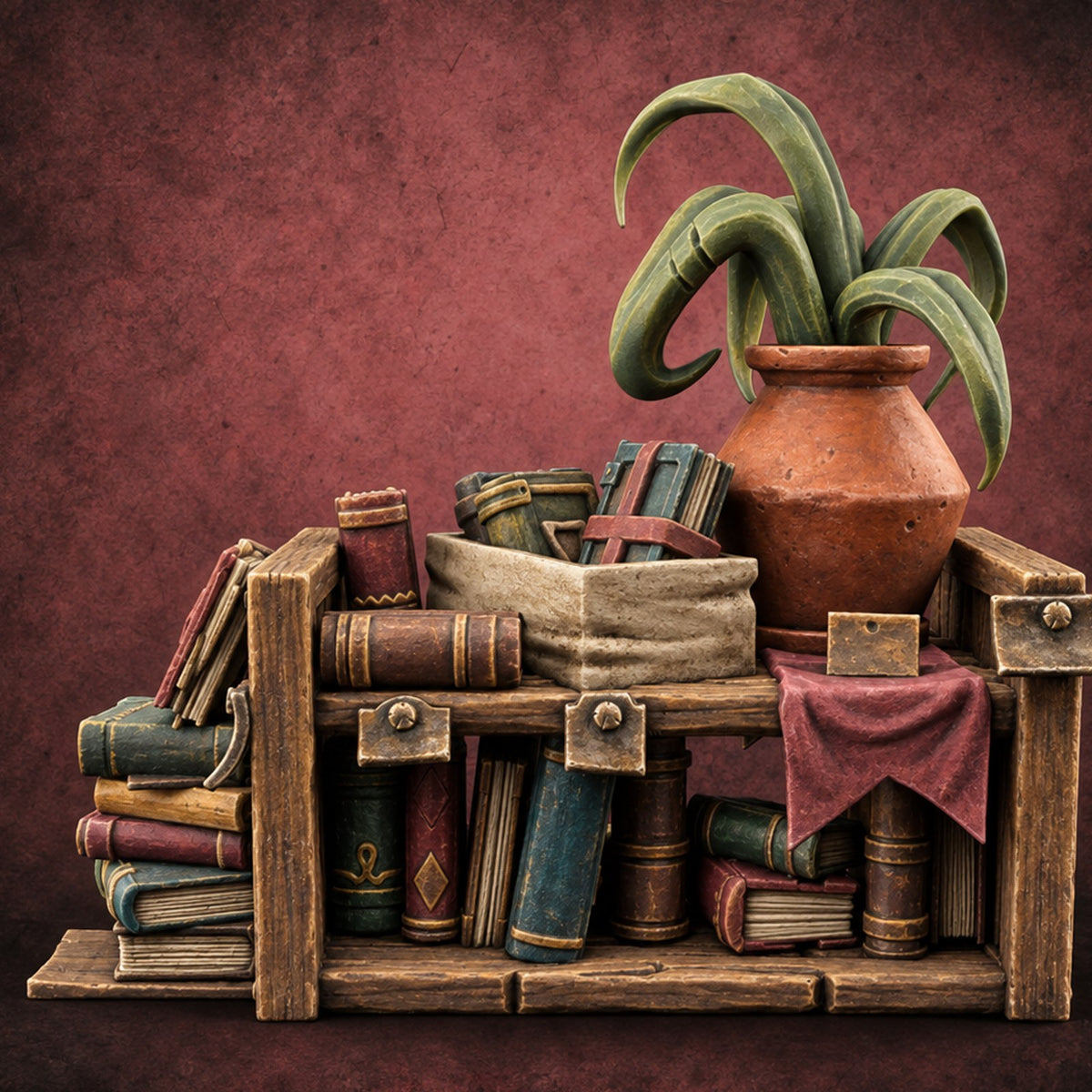 Cozy, Book-Piled Bookshop Furnishing F — painted concept preview (terrain supplied unpainted)