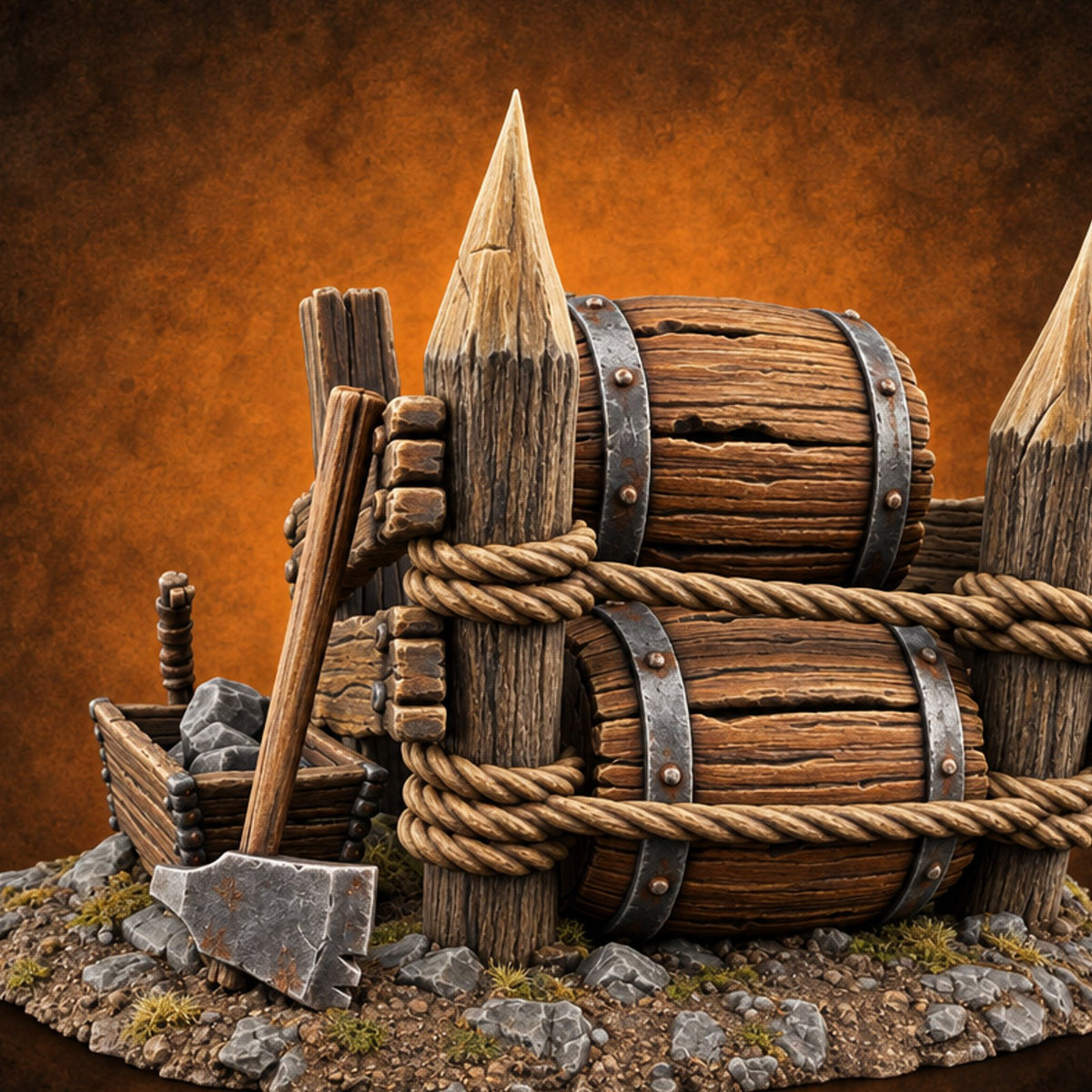 Barrel Roll Call Wooden Supply Scatter C — painted concept preview (terrain supplied unpainted)