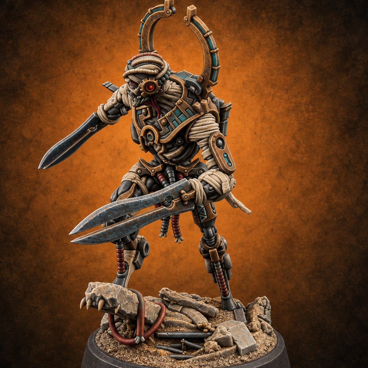 Crescent Crown, Wires Exposed Mummy Cybernetic Blade Warrior D — painted concept preview (miniature supplied unpainted)