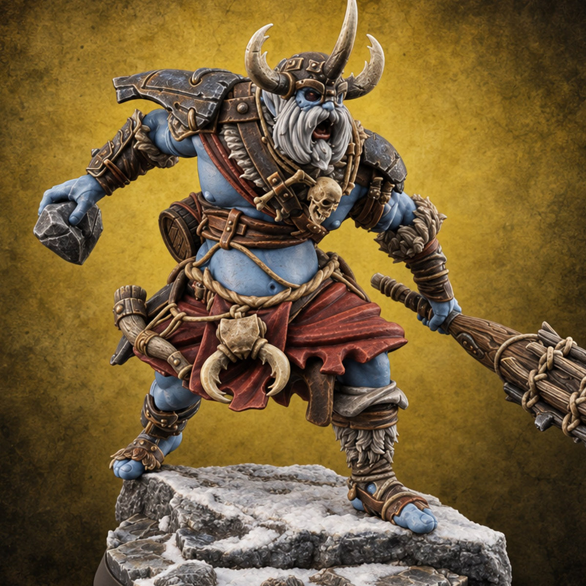 Hammer, Axe and Splintered Club Frost Giant Warrior C — painted concept preview (miniature supplied unpainted)
