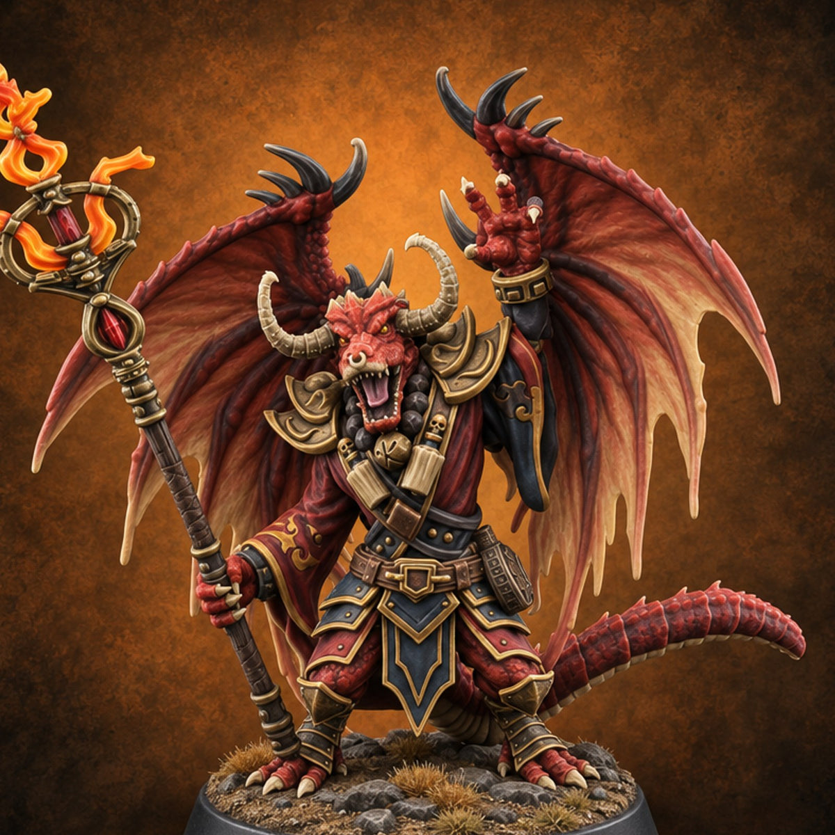 Spellflame Overhead, Staff Planted Dragonborn Fire Mage — painted concept preview (miniature supplied unpainted)