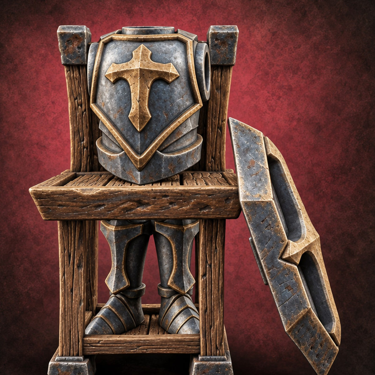 Legs Out, Chest Up Wooden Armour Display Stand — painted concept preview (terrain supplied unpainted)
