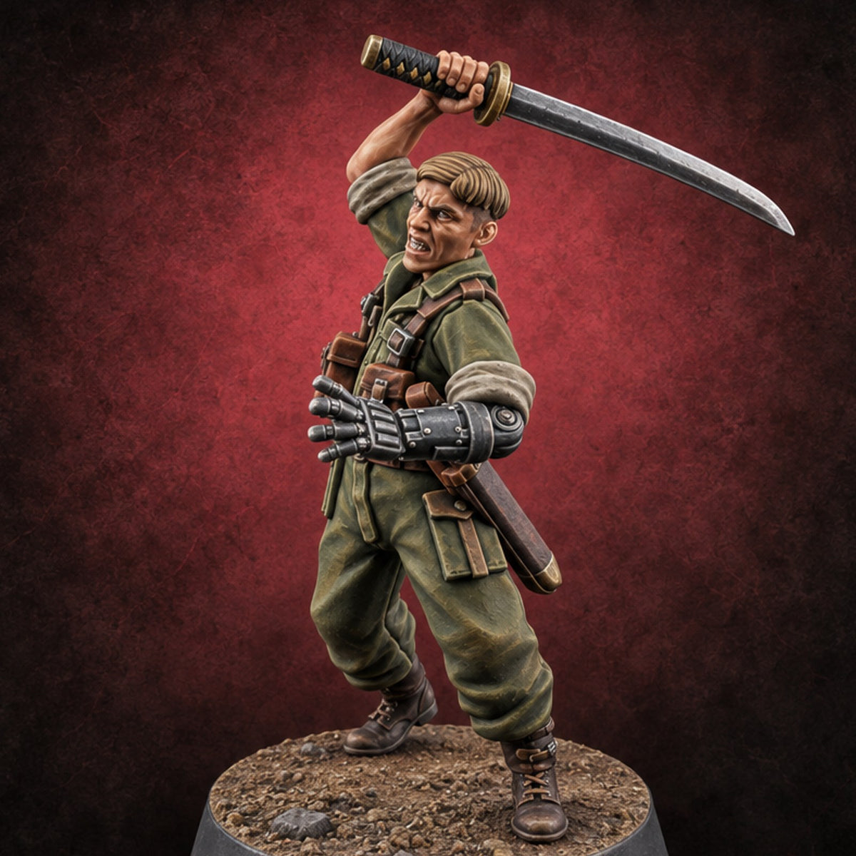 Steel Arm, Stolen Blade Human Officer with Katana and Mechanical Arm — painted concept preview (miniature supplied unpainted)