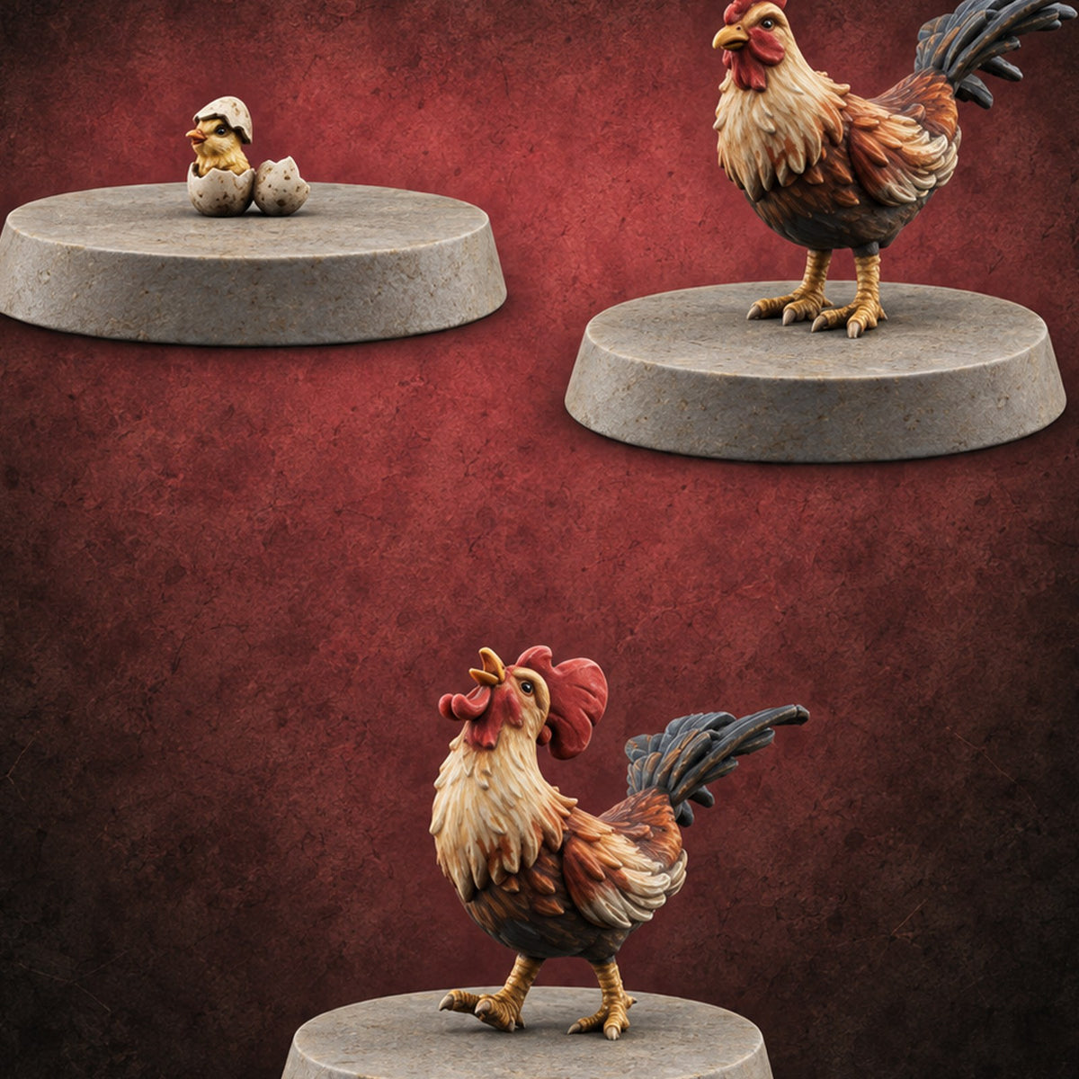 Pecking Order Barnyard Chickens — painted concept preview (miniature supplied unpainted)