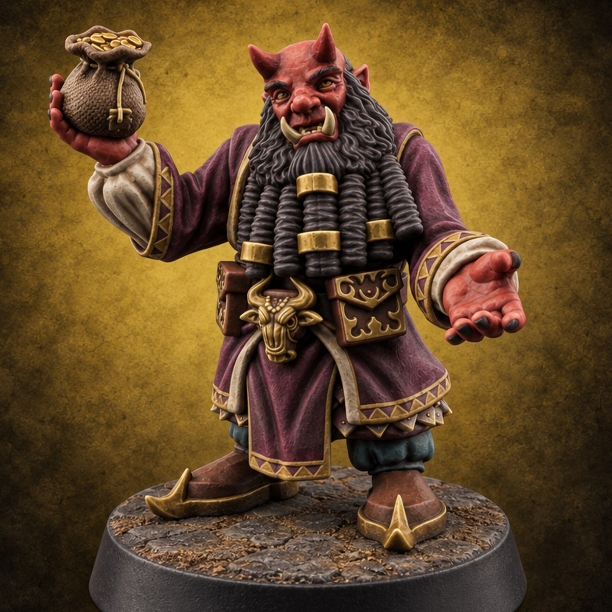 Brimstone Bazaar Regulars Tiefling Merchant A — painted concept preview (miniature supplied unpainted)