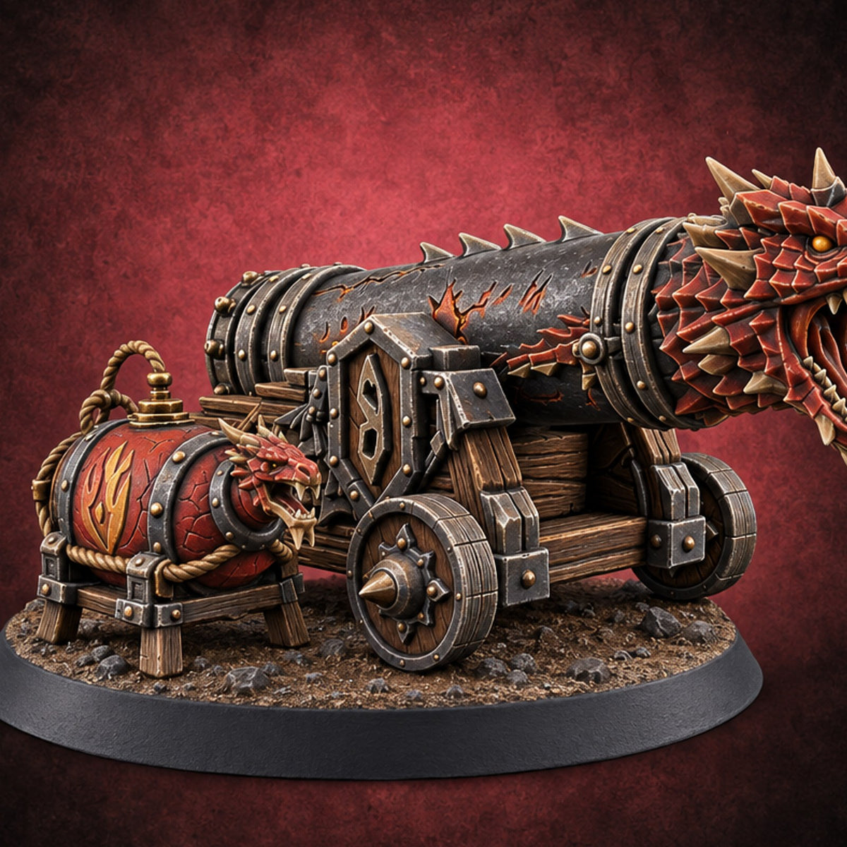 Fed on Dragon Fire Dragon-Head Cannon with Fuel Keg — painted concept preview (terrain supplied unpainted)