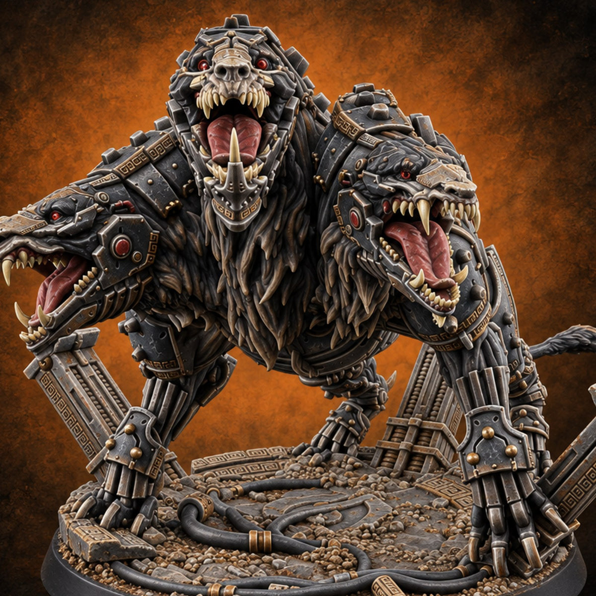 Three Throats, One Leash Missing Cybernetic Cerberus — painted concept preview (miniature supplied unpainted)