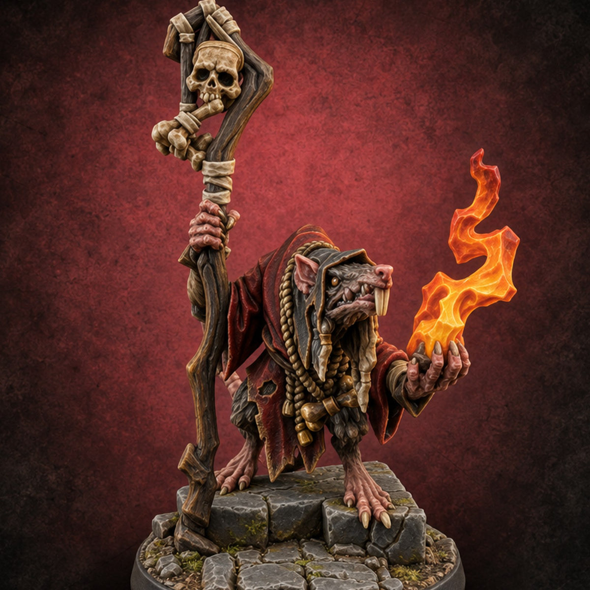 Skull Staff, Fire Cupped Ratfolk Caster — painted concept preview (miniature supplied unpainted)
