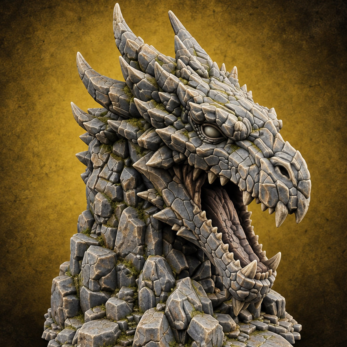 Rockslide Roar Stone Dragon Head Statue — painted concept preview (terrain supplied unpainted)