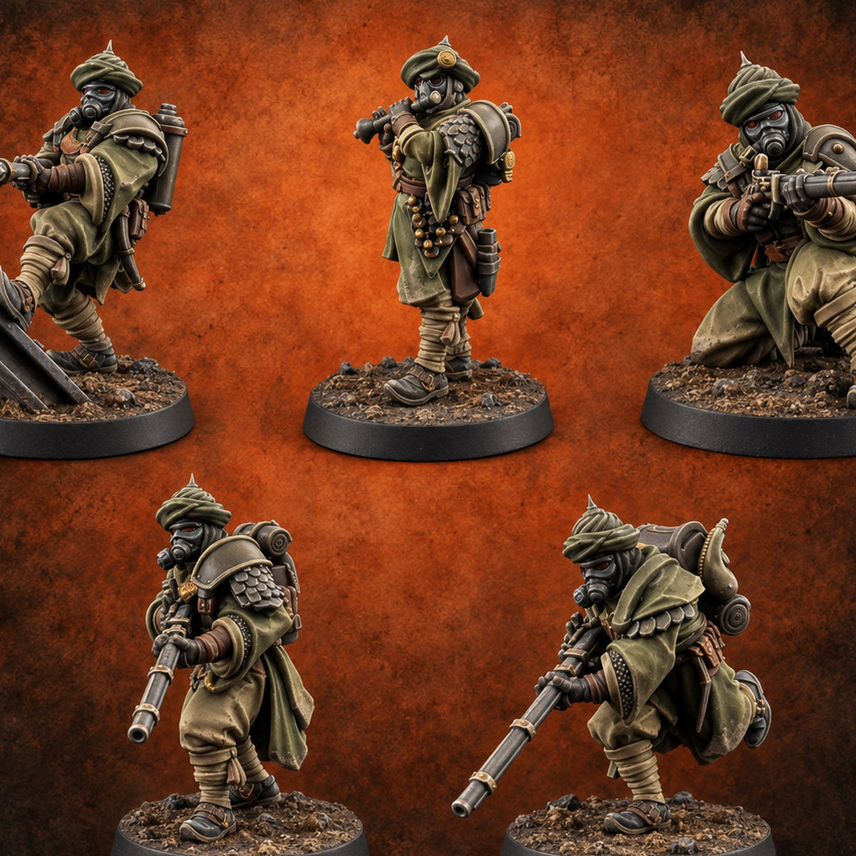 No Breath Breaks Formation Human Gas-Masked Soldiers — painted concept preview (miniature supplied unpainted)