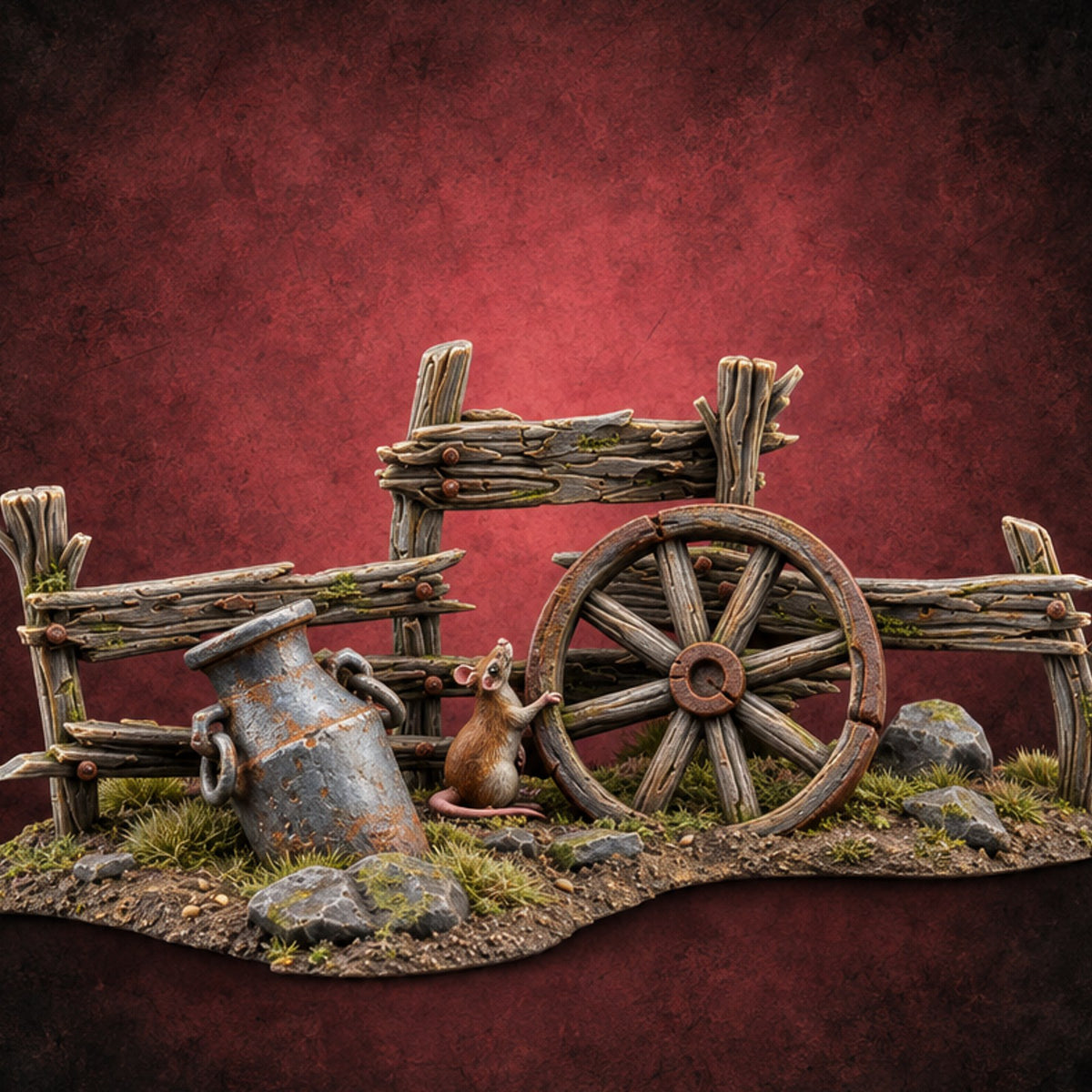 Milk Churn Mouse Broken Fence with Cartwheel — painted concept preview (terrain supplied unpainted)