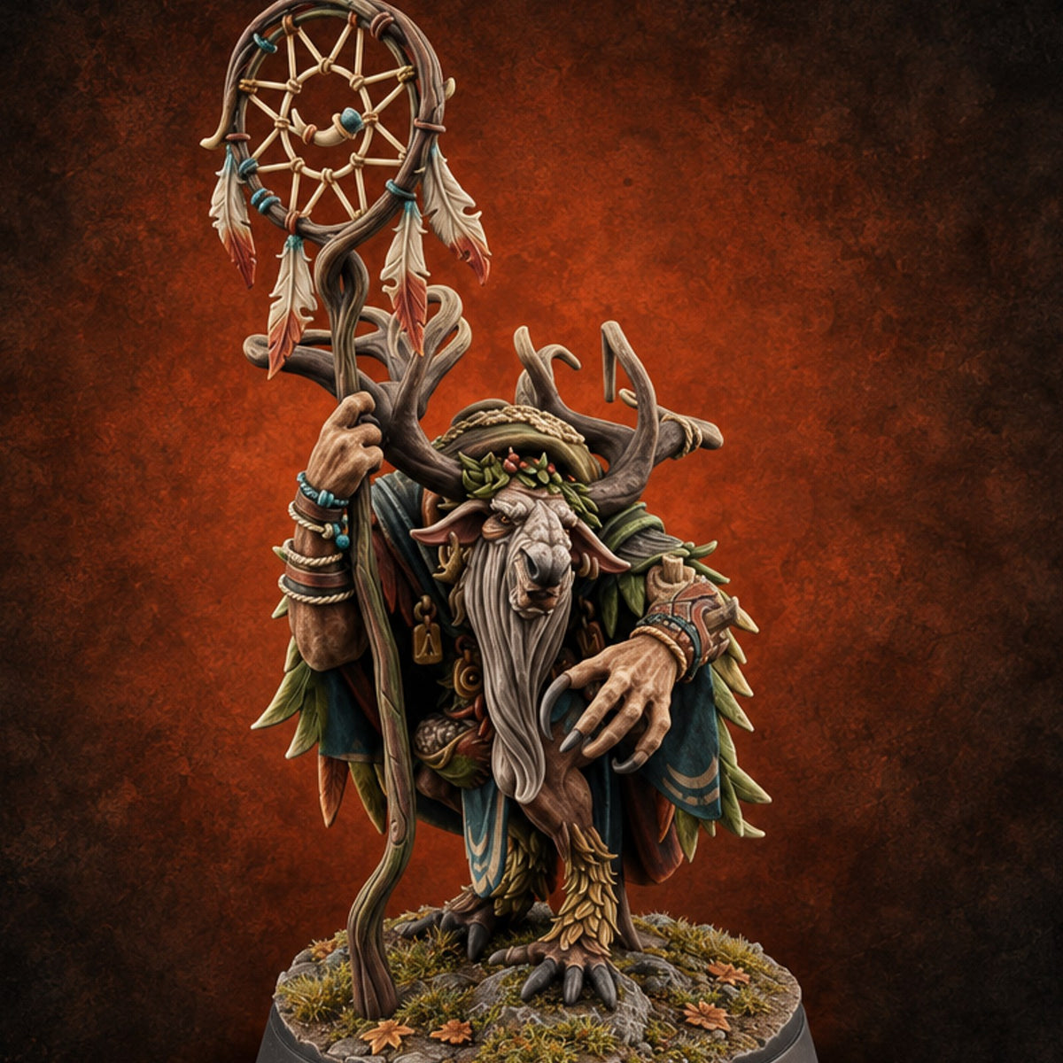 Dreams Caught, Drums Beaten Satyr Shaman A — painted concept preview (miniature supplied unpainted)