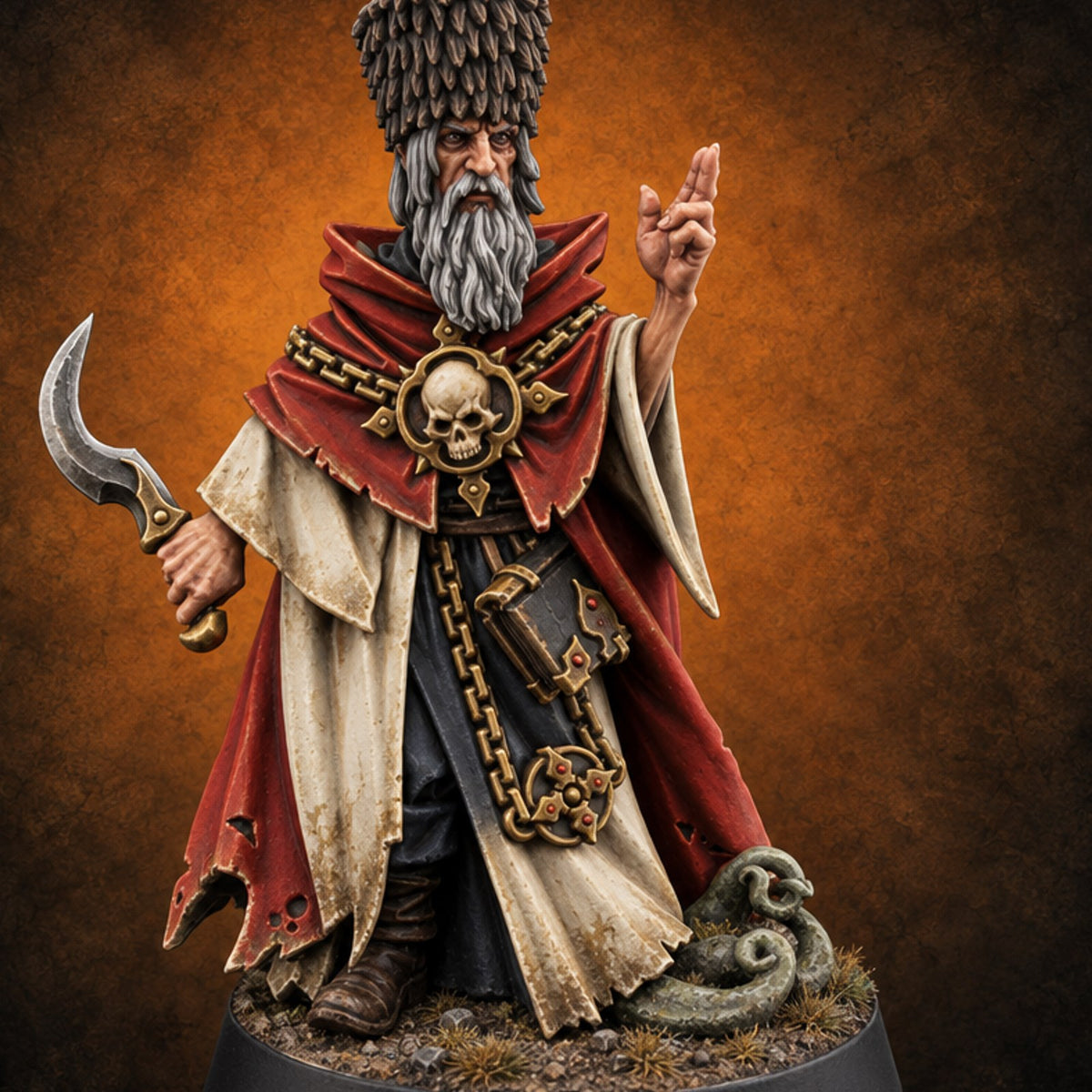 Blessing Offered, Dagger Kept Handy Human Occult Priest — painted concept preview (miniature supplied unpainted)