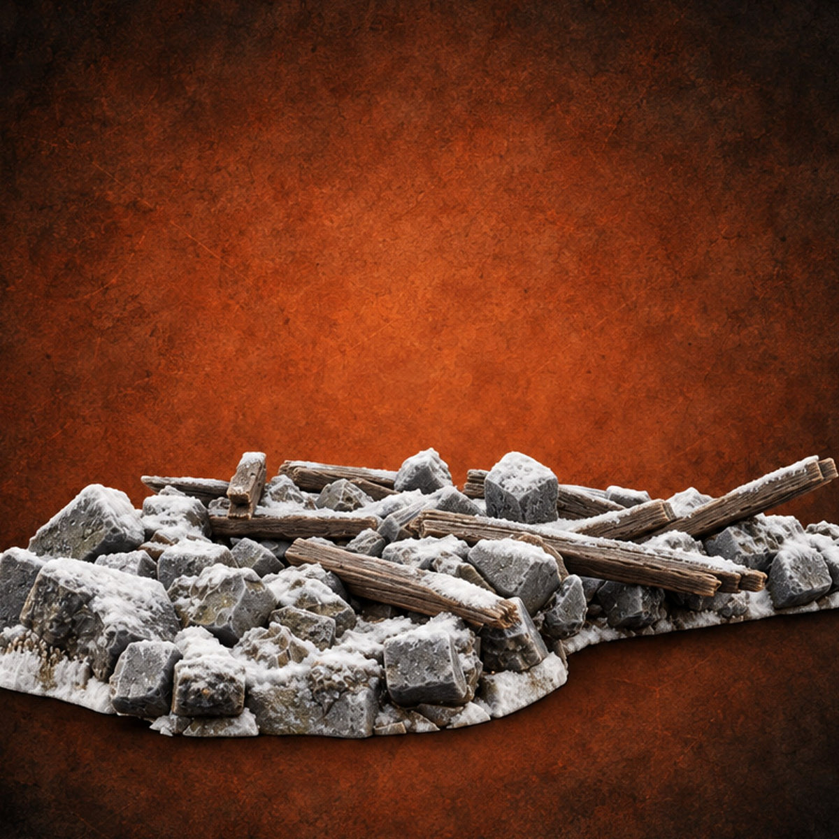 Snow Topped Stone and Timber Rubble Pile B — painted concept preview (terrain supplied unpainted)