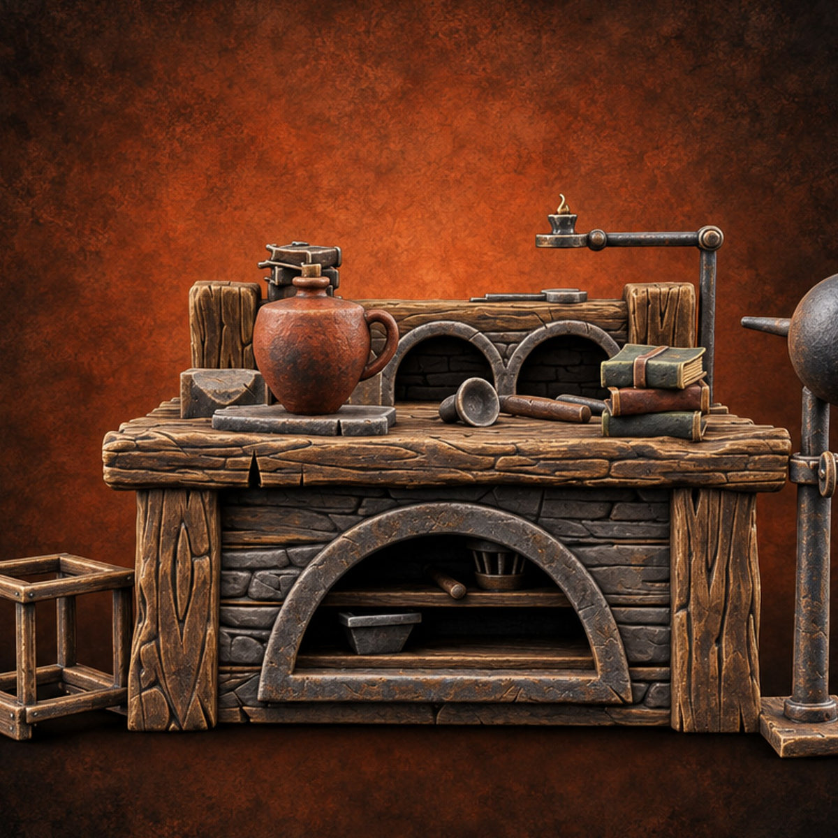 Molten Orders Cooling Overnight Wooden Glassblower Workbench Desk — painted concept preview (terrain supplied unpainted)