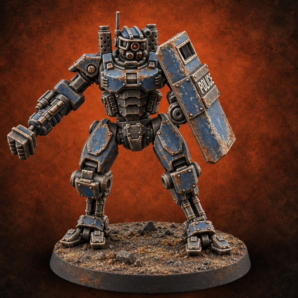 Riot Control, Rusted Edition Warforged Riot Police Robot with Shield B — painted concept preview (miniature supplied unpainted)