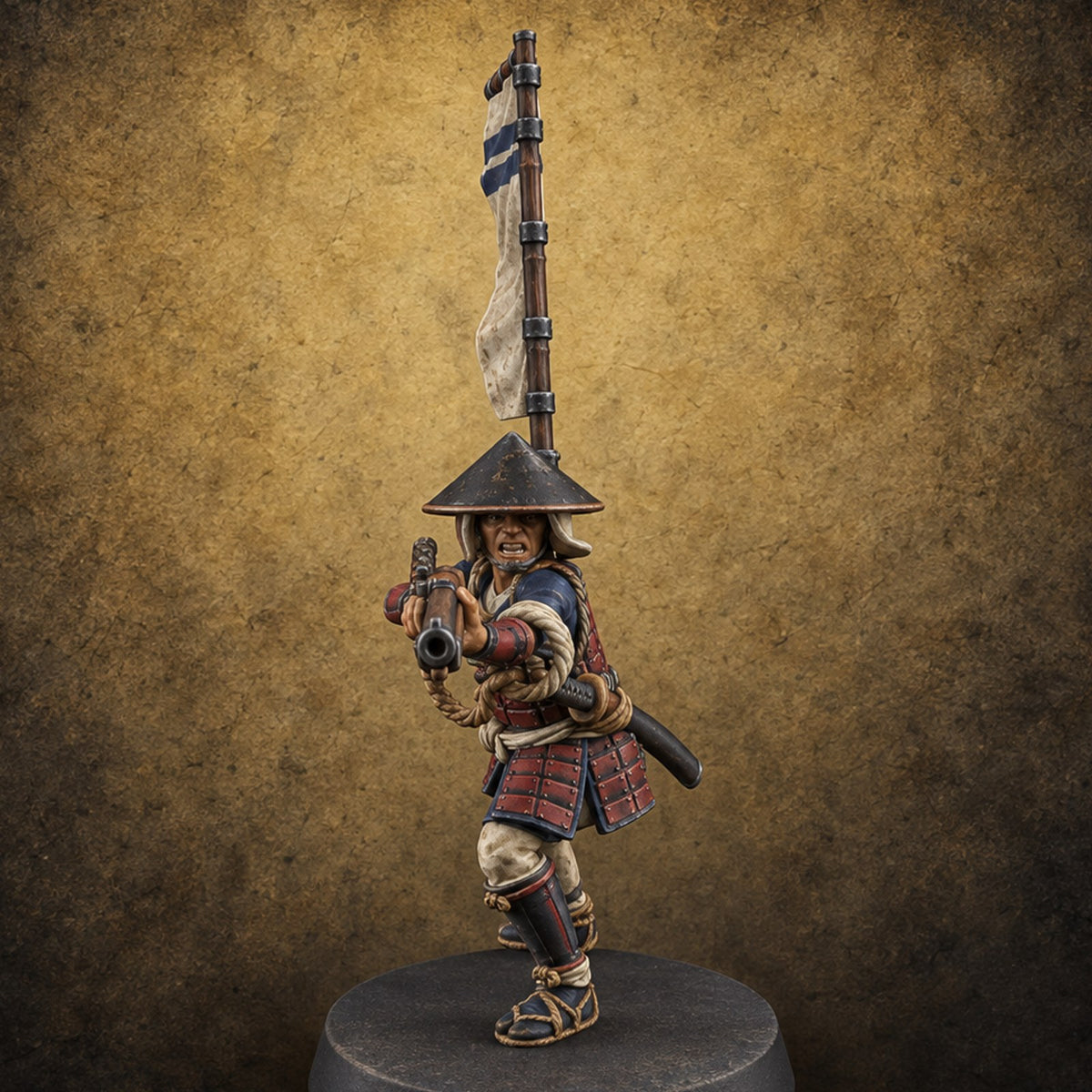 Priming the Volley Human Ashigaru Musketeer D — painted concept preview (miniature supplied unpainted)