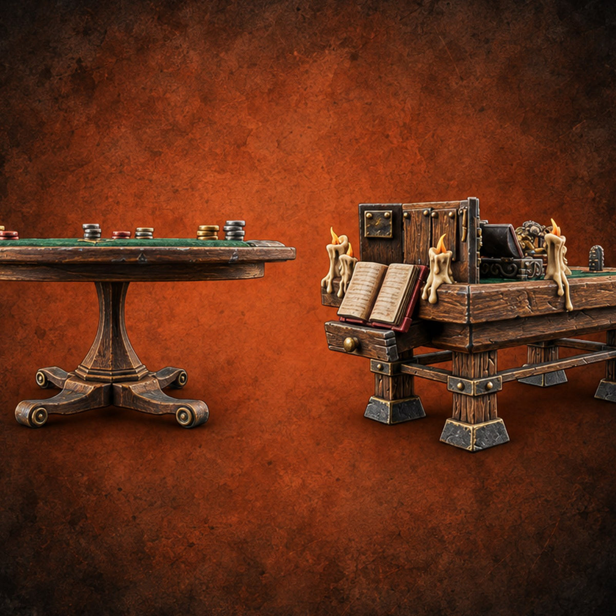 Stakes Stacked, Chairs Pushed Back Wooden Game Tables — painted concept preview (terrain supplied unpainted)