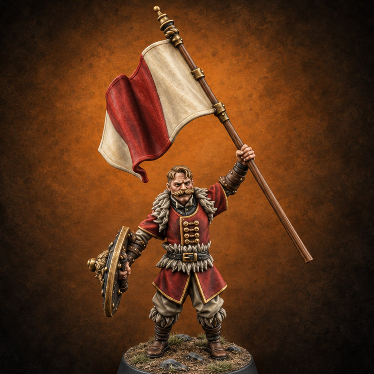 Shields Studded, Moustaches Bristling Human Sabre and Shield Warrior C — painted concept preview (miniature supplied unpainted)