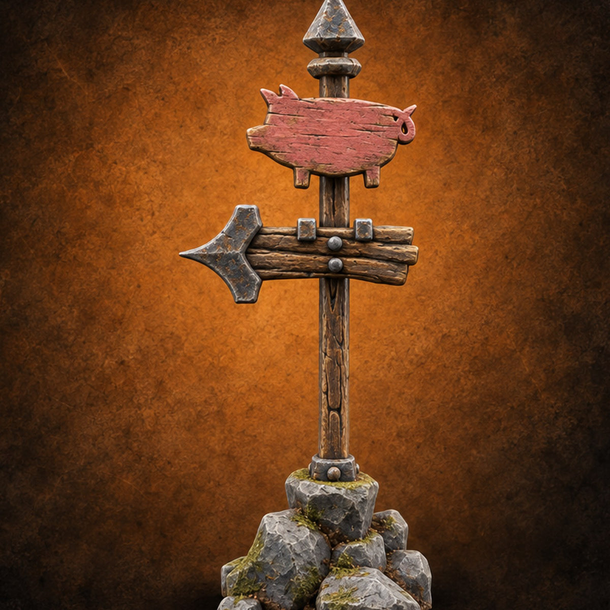 Follow the Trotters Pig Arrow Signpost on Rocks — painted concept preview (terrain supplied unpainted)