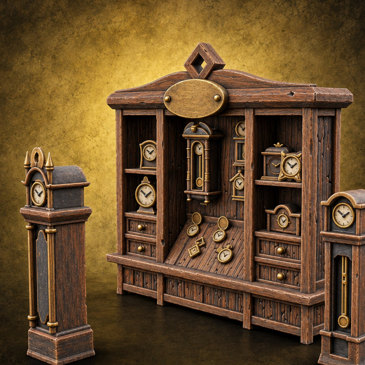 Wall Clock Wing, Pocket Watch Floor Wooden Clock Display Cabinet — painted concept preview (terrain supplied unpainted)