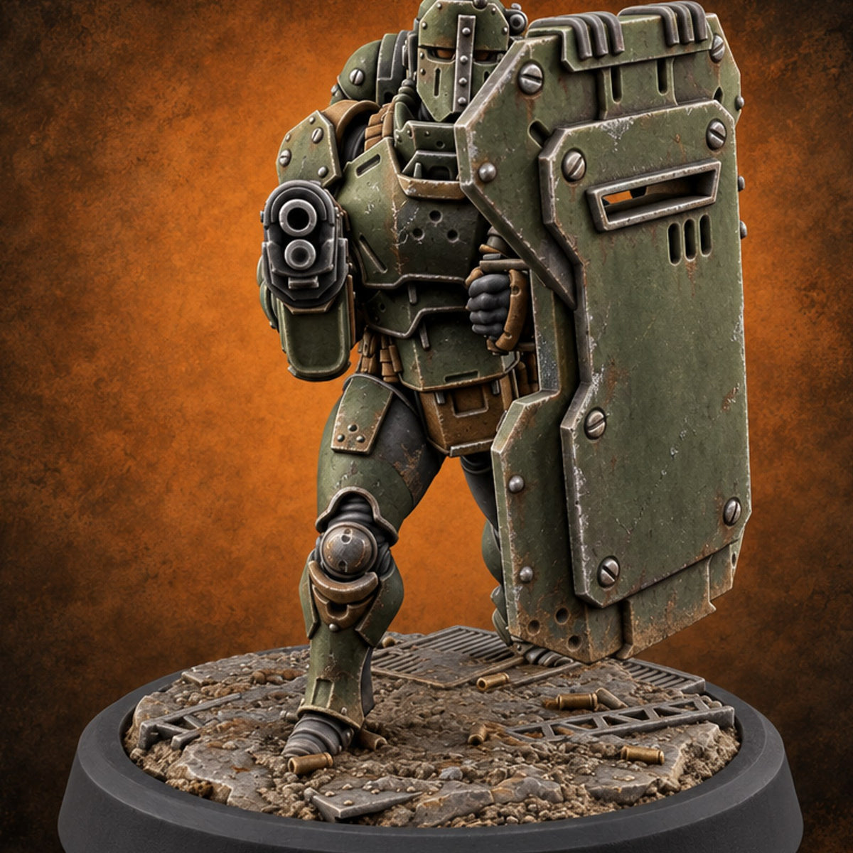 Peek Through the Slot, Regret Nothing Human Shield Soldier A — painted concept preview (miniature supplied unpainted)