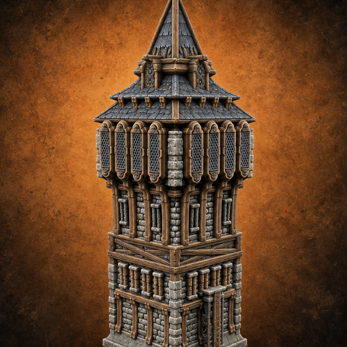 Top-Heavy and Proud of It Gothic Timber and Stone Watchtower — painted concept preview (terrain supplied unpainted)