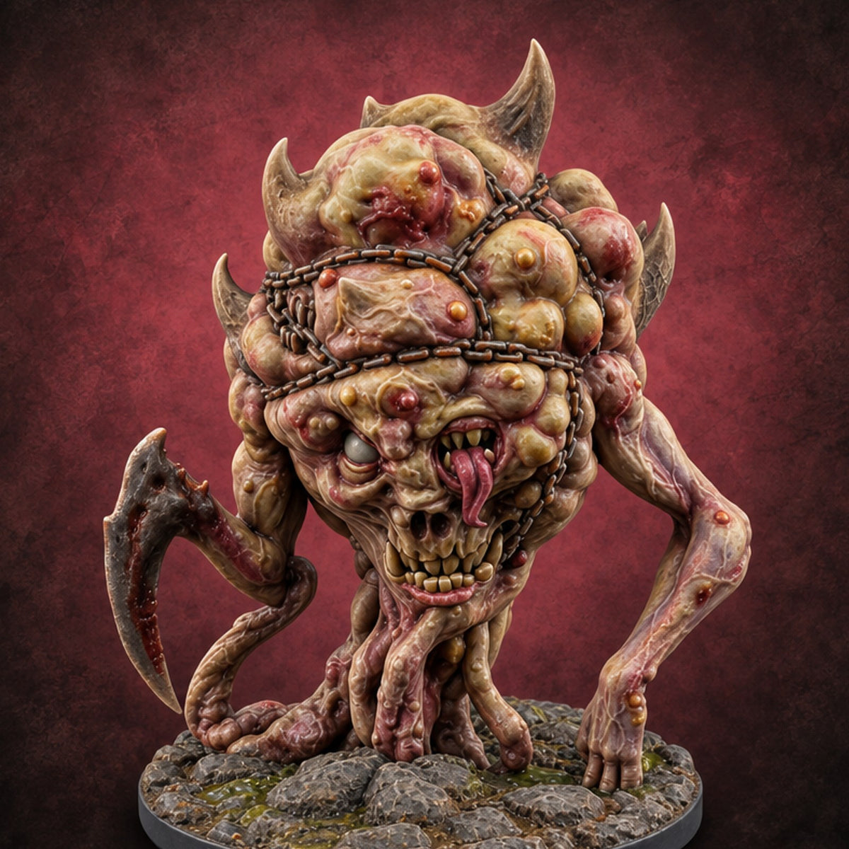 Heavy Lies the Chained Head Sibriex Fiend with Chained Bloated Head and Scythe Claw — painted concept preview (miniature supplied unpainted)