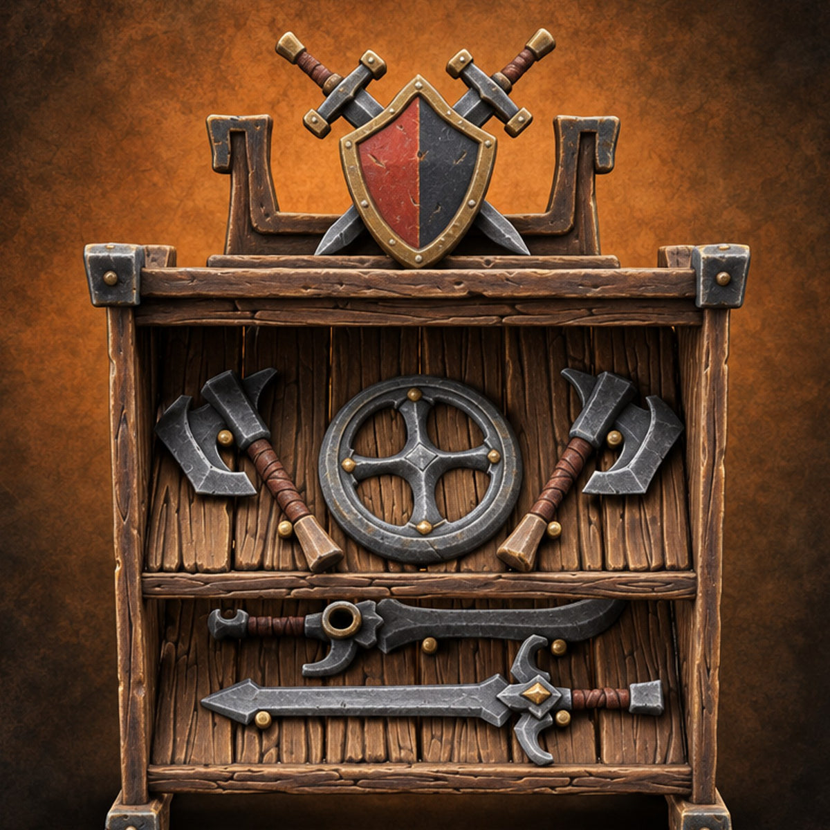 Sharpened Sales Pitch Wooden Weapons Display Rack — painted concept preview (terrain supplied unpainted)