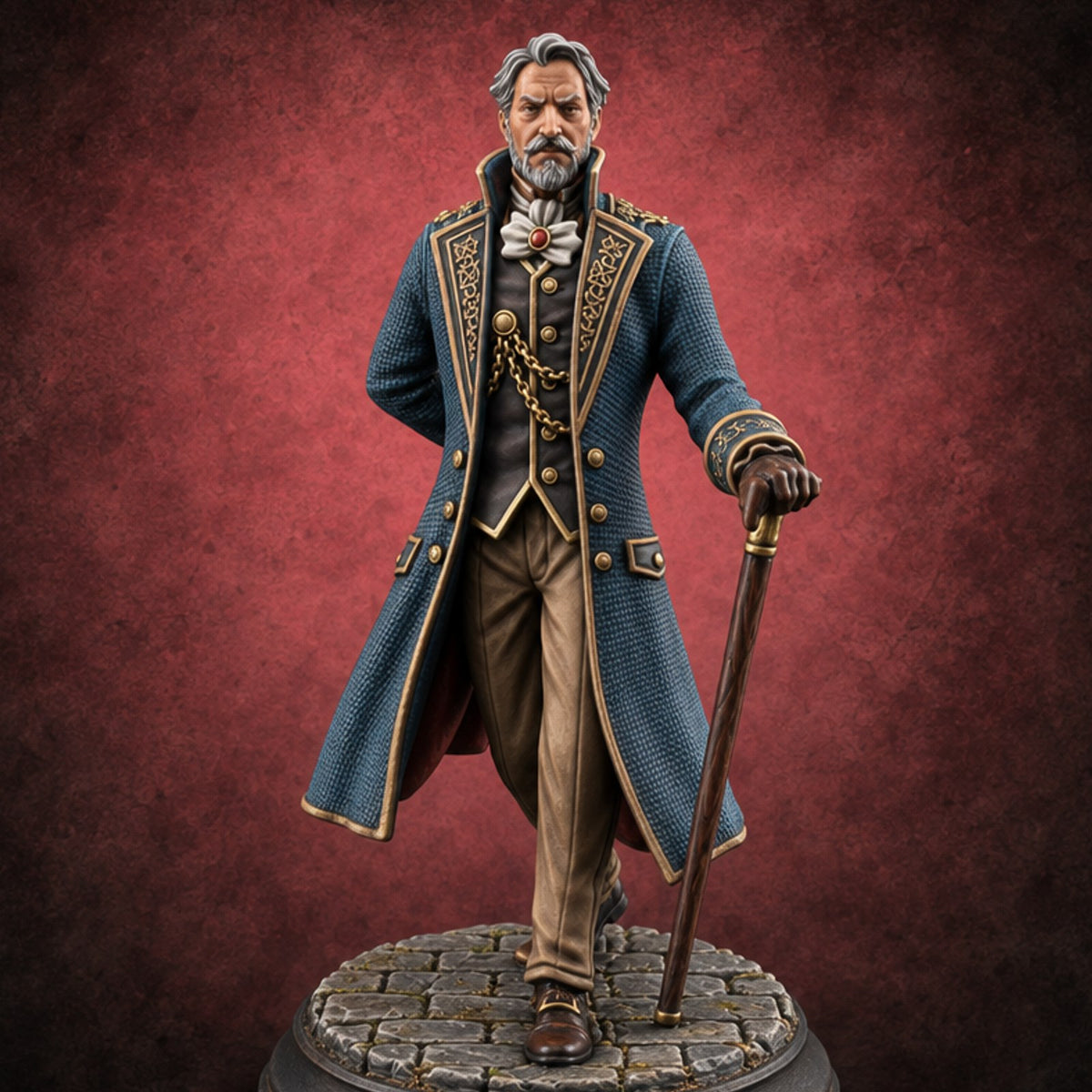 Strolls Where Cobbles Bow Human Gentleman with Cane and Long Greatcoat — painted concept preview (miniature supplied unpainted)