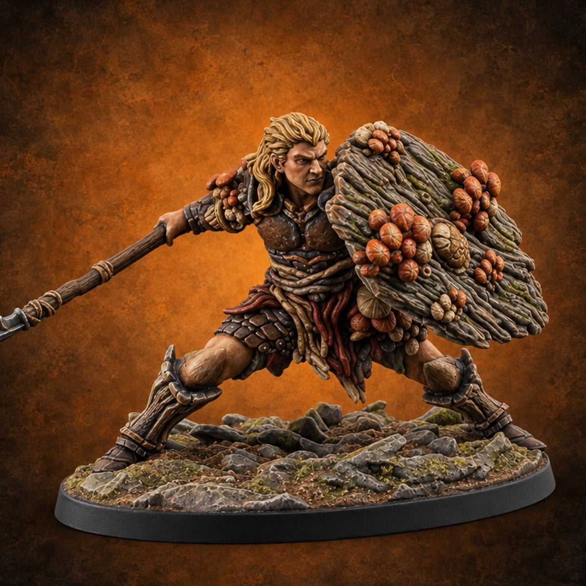 No Mushroom for Retreat Human Spear and Shield Warrior B — painted concept preview (miniature supplied unpainted)