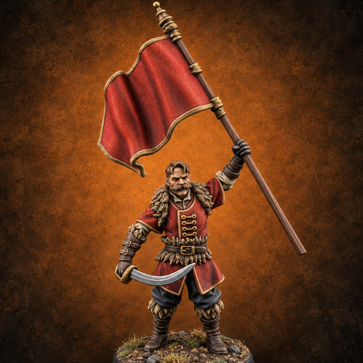 Moustache Waxed, Sabres Drawn Twice Human Dual Sabre Warrior C — painted concept preview (miniature supplied unpainted)