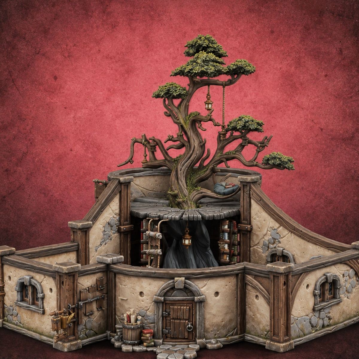 Lantern-Bough Bookstore Building — painted concept preview (terrain supplied unpainted)