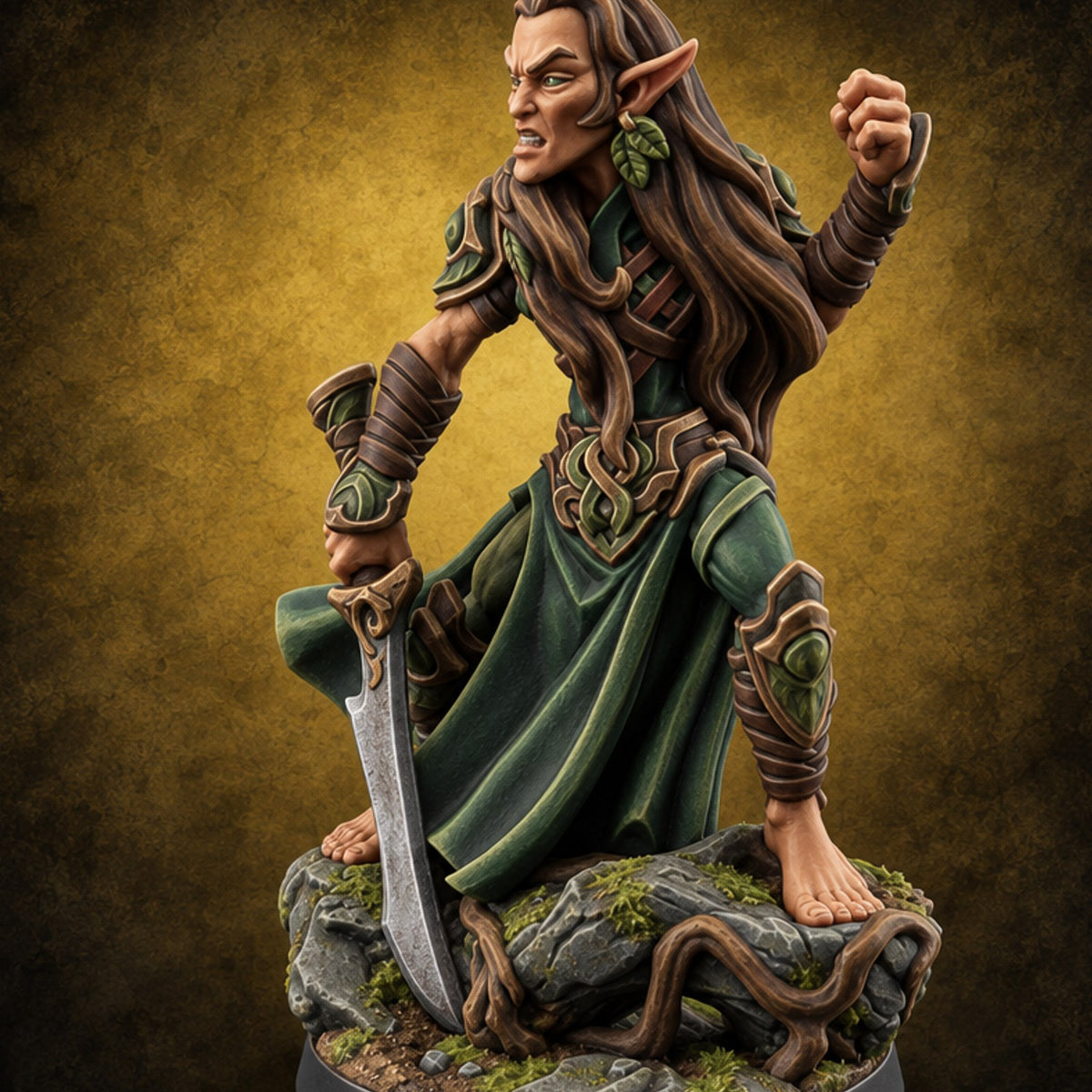 Sharp Ears, Sharper Tempers Wood Elf Warrior B — painted concept preview (miniature supplied unpainted)