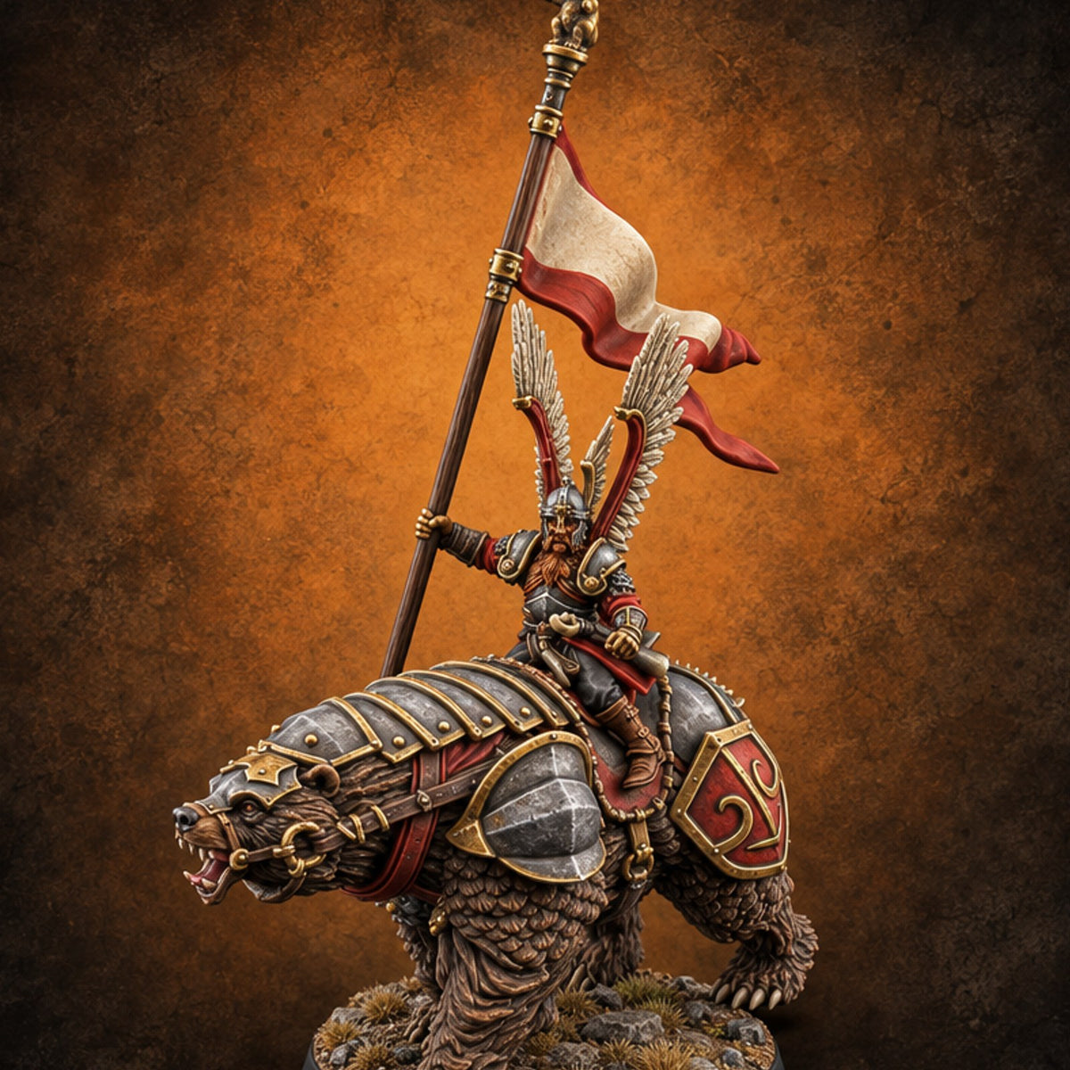 Winged Hussars, Armoured Bruin Dwarf Bear Rider B — painted concept preview (miniature supplied unpainted)
