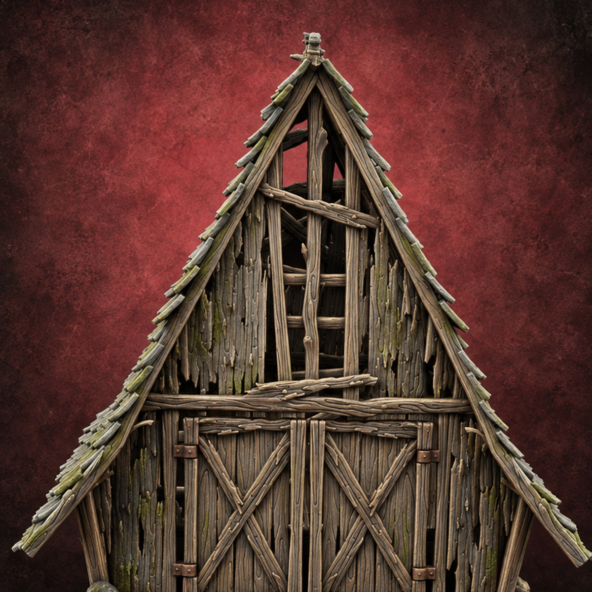 Hayloft Gone Hollow Ruined A-Frame Wooden Barn with Double Doors and Open Loft — painted concept preview (terrain supplied unpainted)