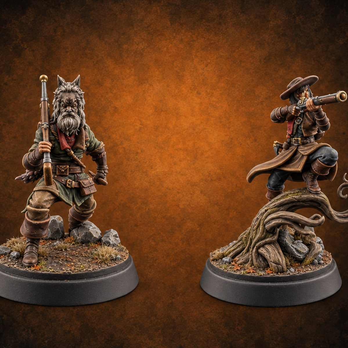 Both Barrels, No Apologies Shifter and Human Hunters — painted concept preview (miniature supplied unpainted)