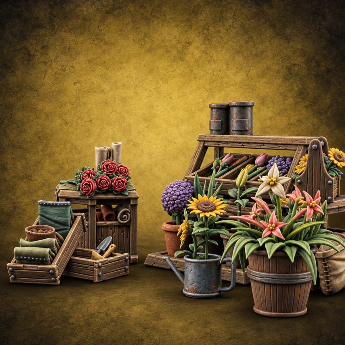 Everything Coming Up Roses Wooden Florist Market Piece C — painted concept preview (terrain supplied unpainted)