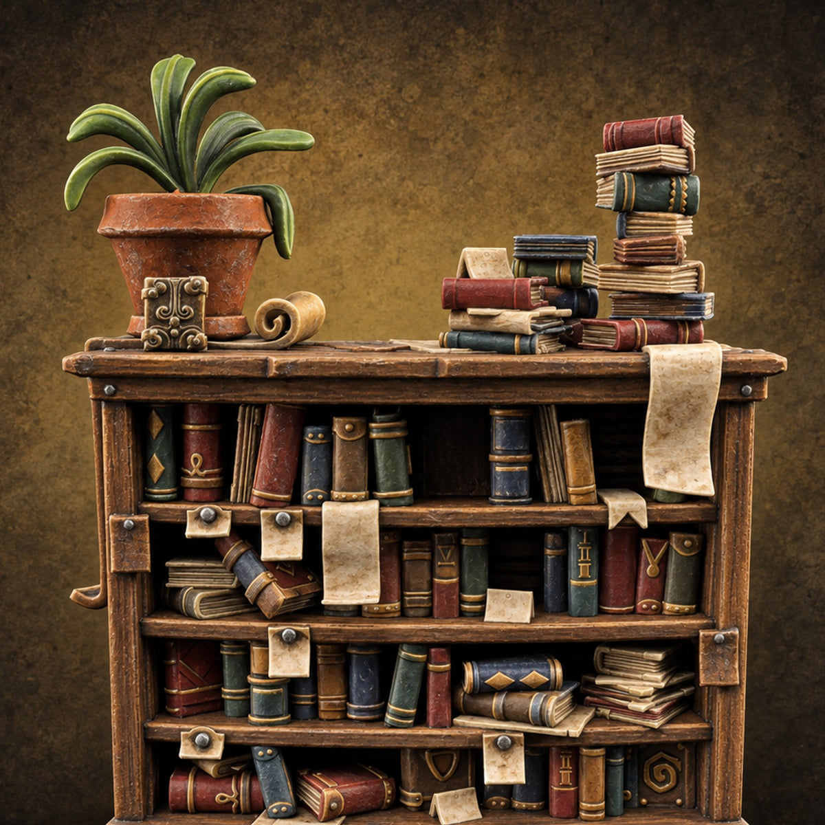 Overstuffed Library Bookshelf E — painted concept preview (terrain supplied unpainted)