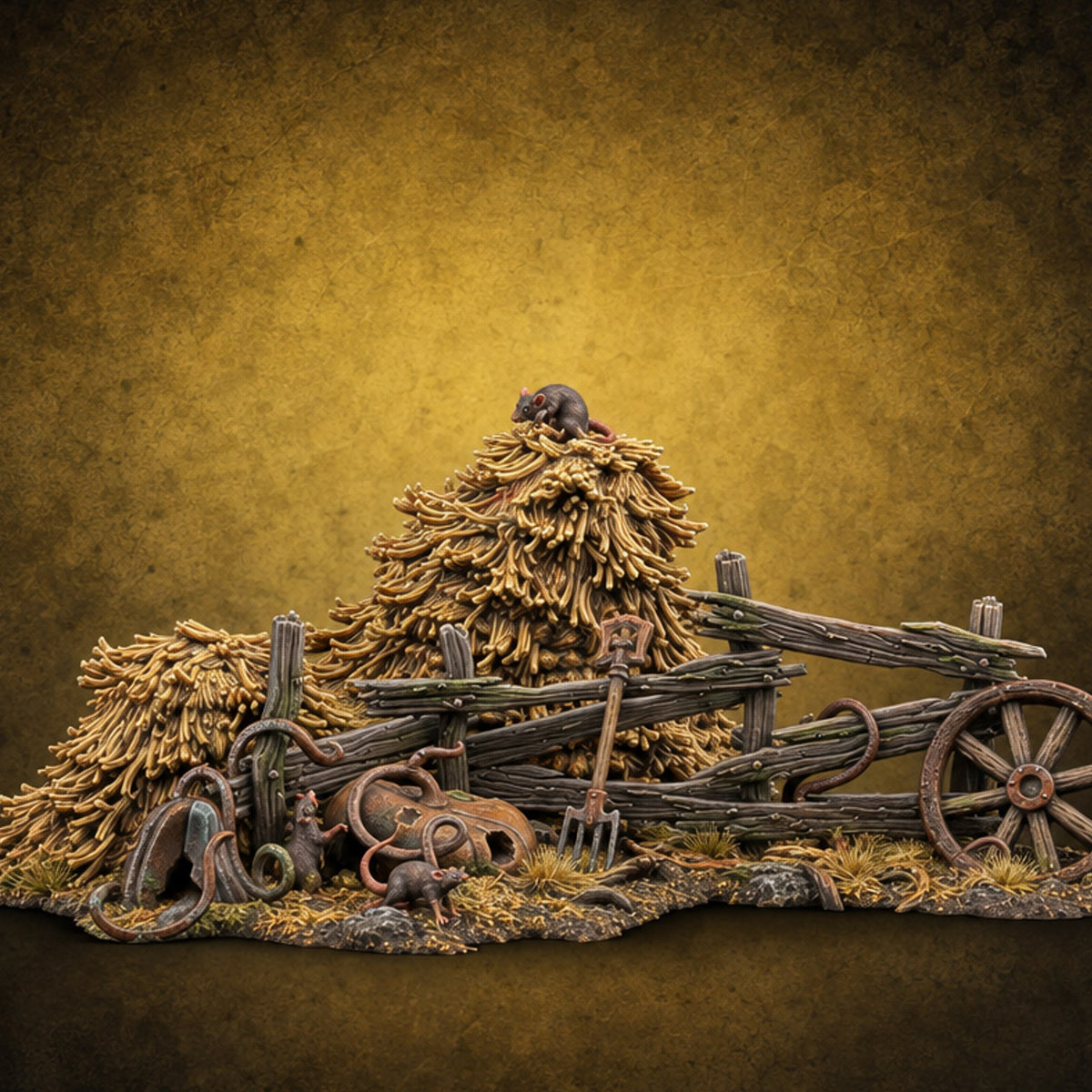 Rat King of the Rick Hay Piles with Broken Fence, Cartwheel, Pitchfork and Rats on Scenic Base — painted concept preview (terrain supplied unpainted)