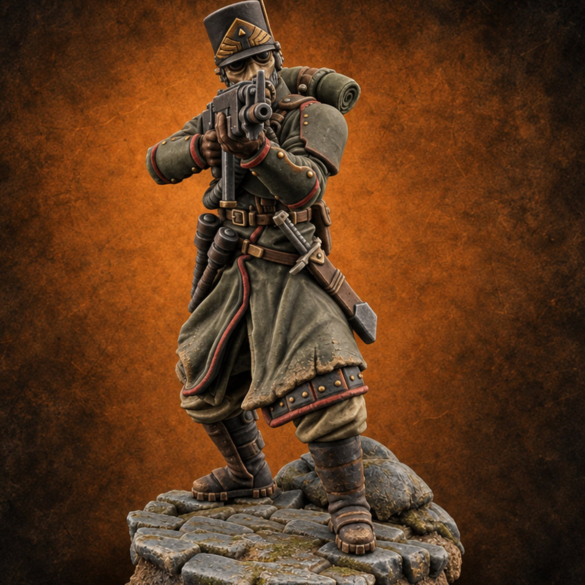 Orders Muffled, Obeyed Anyway Human Gas-Masked Light Infantry Soldier C — painted concept preview (miniature supplied unpainted)